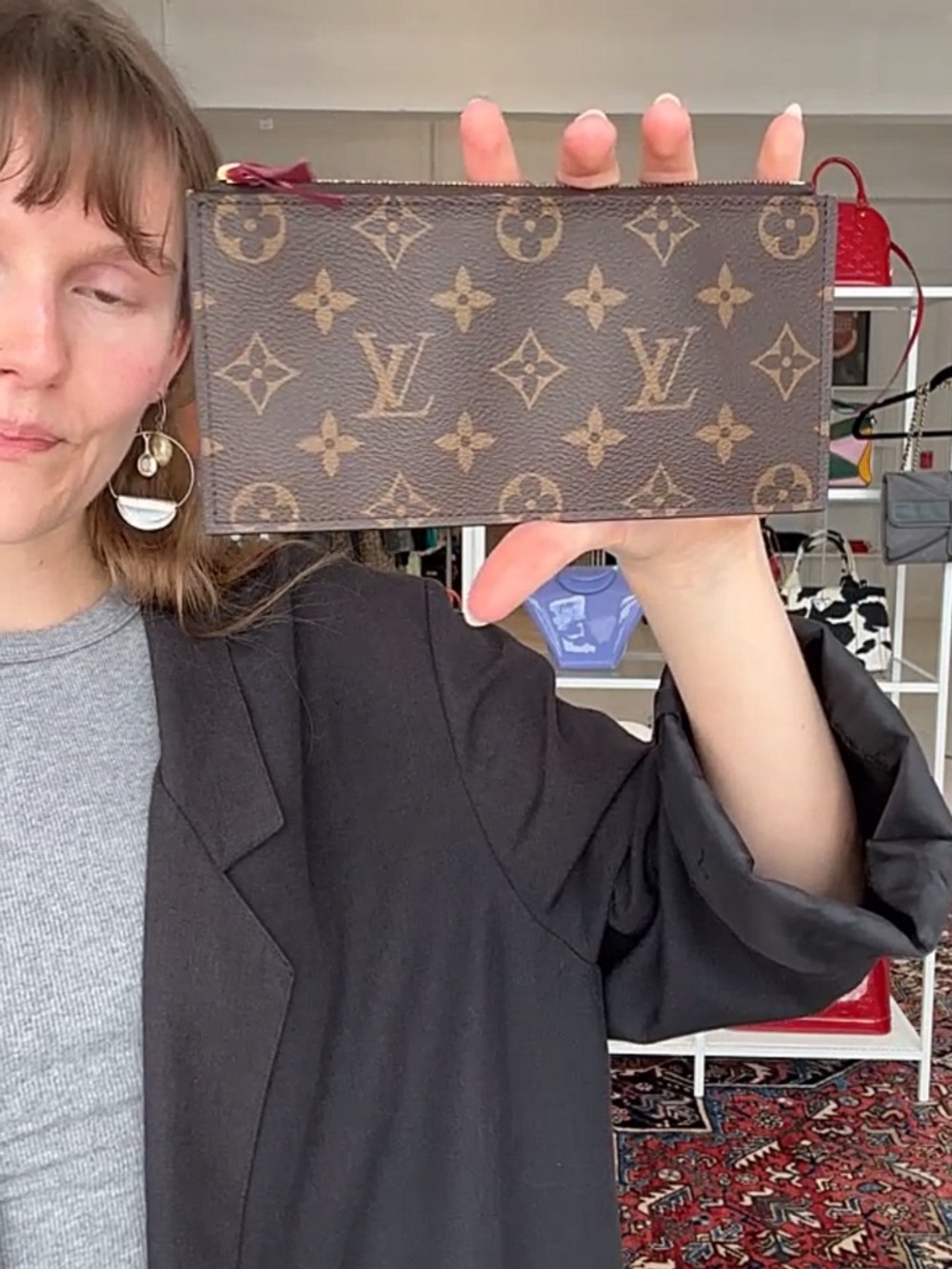 Louis Vuitton Monogram Canvas Zip Pouch in Brown with Red Trim